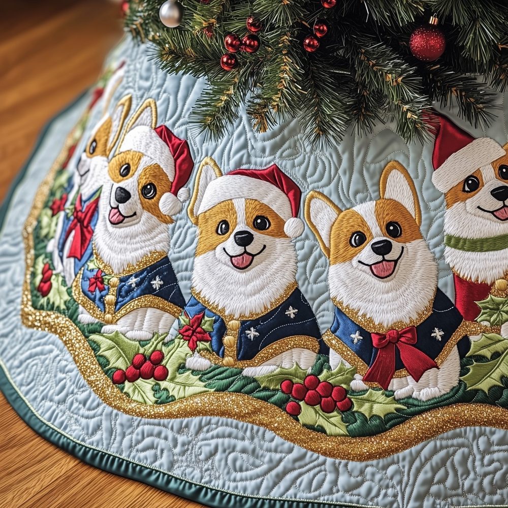 Blue Holly Christmas Tree Skirt With Corgis In Santa Hats - Custom Handmade Holiday Decor, Made To Order