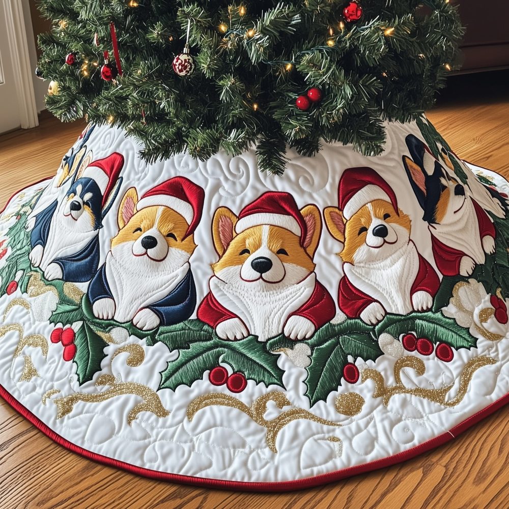 White Christmas Tree Skirt With Corgis And Holly Accents - Handmade Custom Holiday Decor For Pet Enthusiasts