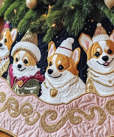 Elegant Navy Christmas Tree Skirt With Corgis And Pink-Gold Trim - Custom Holiday Decor, Handmade To Order