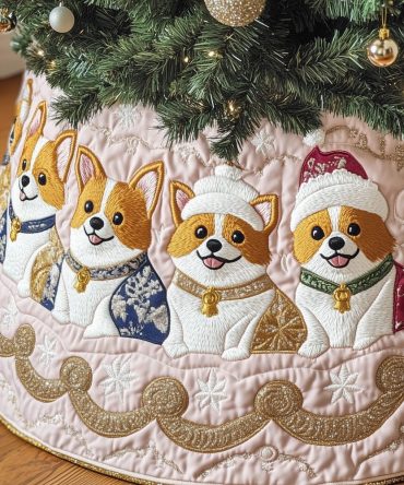 Pastel Blue & Pink Christmas Tree Skirt With Adorable Corgis - Custom Handmade Holiday Accent For Pet Lovers