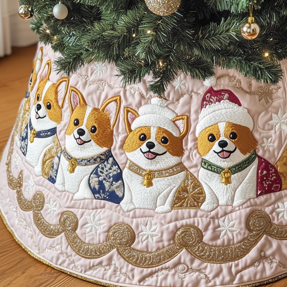 Pastel Blue & Pink Christmas Tree Skirt With Adorable Corgis - Custom Handmade Holiday Accent For Pet Lovers