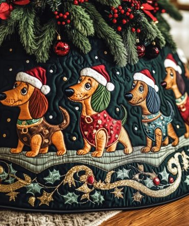 Dark Green Holiday Tree Skirt With Dachshunds In Santa Hats - Custom Made Christmas Décor For Dog Families