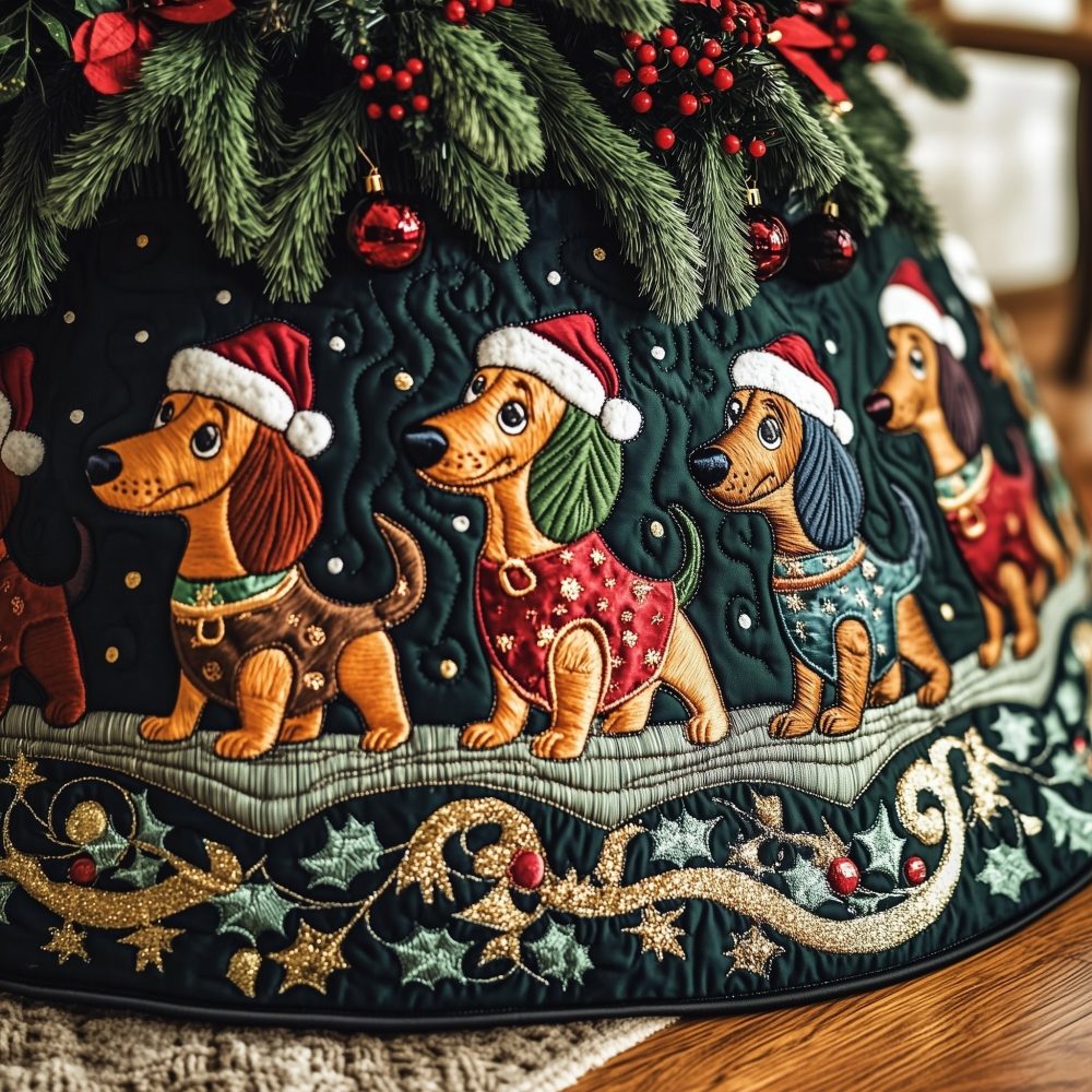 Dark Green Holiday Tree Skirt With Dachshunds In Santa Hats - Custom Made Christmas Décor For Dog Families