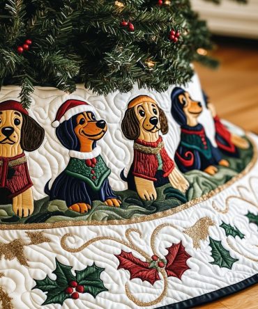 Festive Tree Skirt With Dachshunds Wearing Santa Hats And Holly - Custom Christmas Décor, Handmade To Order