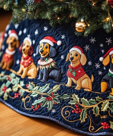 Navy Snow Holiday Tree Skirt With Dachshunds In Santa Hats - Custom Made Christmas Décor For Dog Owners