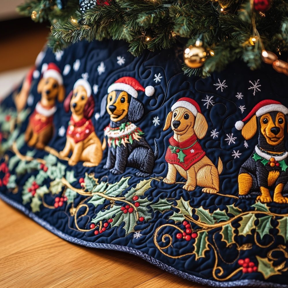 Navy Snow Holiday Tree Skirt With Dachshunds In Santa Hats - Custom Made Christmas Décor For Dog Owners