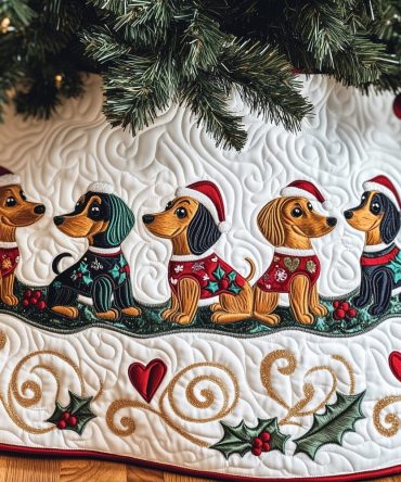 Adorable Dachshunds In Sweaters Christmas Tree Skirt With White Swirl Quilting - Handmade, Made-To-Order Pet-Themed Holiday Skirt