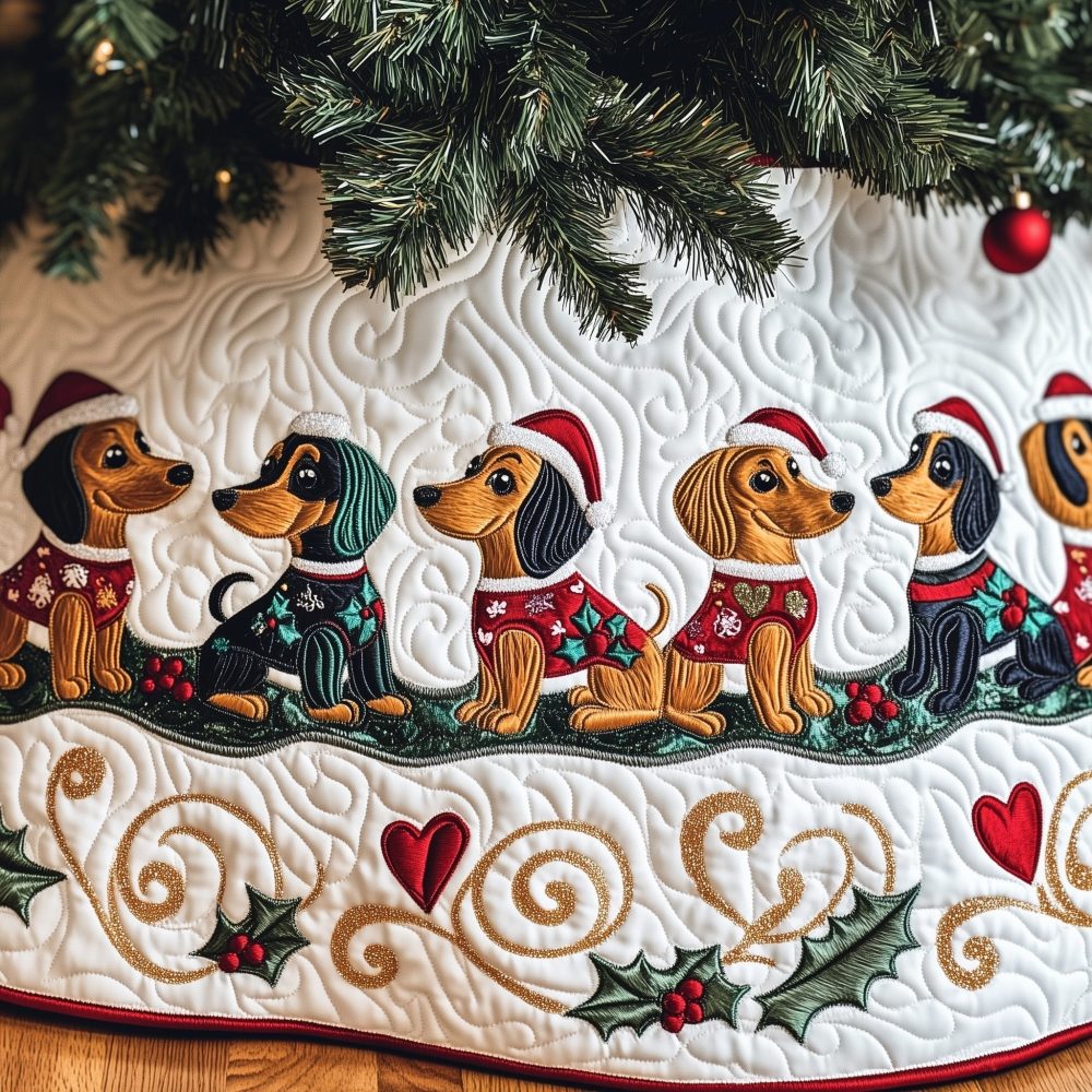 Adorable Dachshunds In Sweaters Christmas Tree Skirt With White Swirl Quilting - Handmade, Made-To-Order Pet-Themed Holiday Skirt