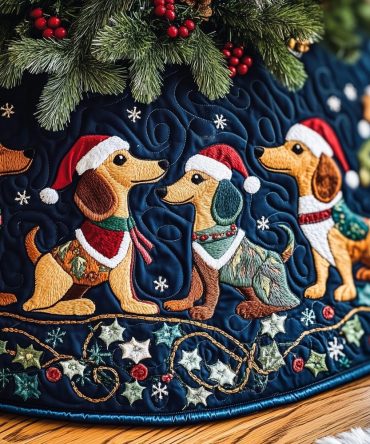 Playful Dachshund In Santa Hat Christmas Tree Skirt On Starry Navy - Handmade Custom Skirt, Made-To-Order Festive Pet Lover Décor
