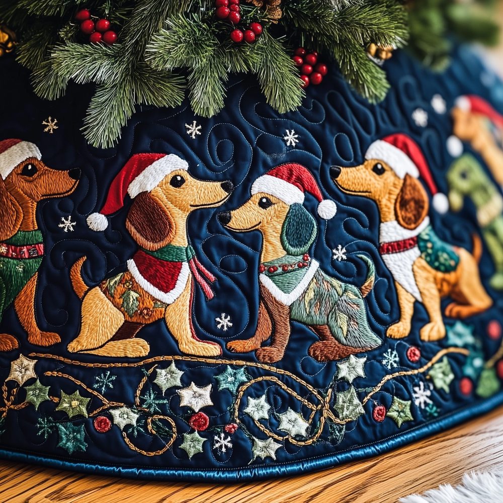 Playful Dachshund In Santa Hat Christmas Tree Skirt On Starry Navy - Handmade Custom Skirt, Made-To-Order Festive Pet Lover Décor