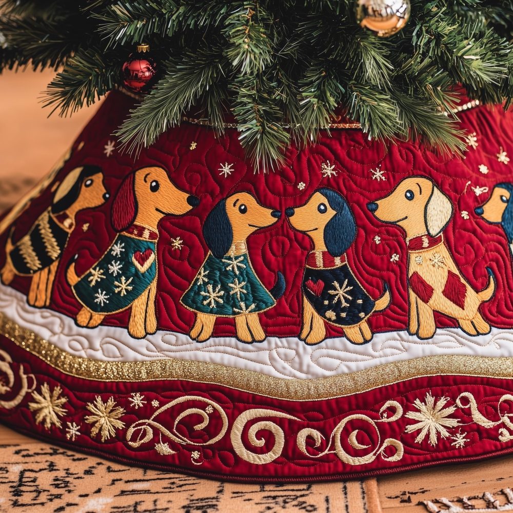 Custom Red Christmas Tree Skirt Featuring Dachshunds In Green Sweaters - Handmade Holiday Décor For Dog Lovers