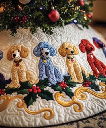 Cream & Blue Poodles With Gold Swirls Tree Skirt — Luxurious Custom Holiday Skirt, Made-To-Order With Elegant Dog Print