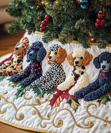Patterned Coat Poodles On White Tree Skirt — Stylish Custom Christmas Tree Skirt With Designer Dog Prints, Made-To-Order & Personalizable