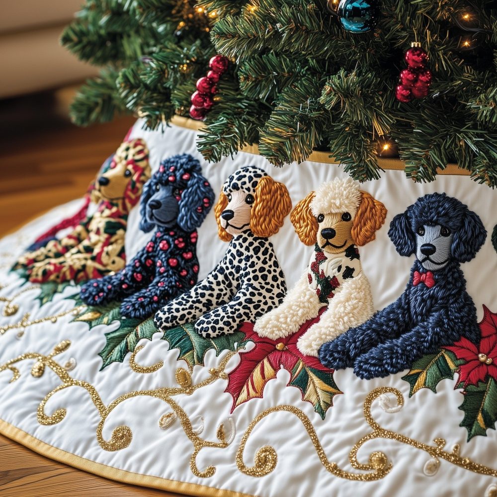Patterned Coat Poodles On White Tree Skirt — Stylish Custom Christmas Tree Skirt With Designer Dog Prints, Made-To-Order & Personalizable