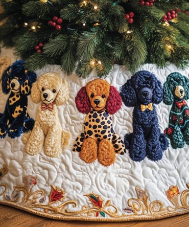 Leopard & Navy Print Poodles Tree Skirt — Bold Patterned Poodle Christmas Skirt, Custom-Made Holiday Decor, Handcrafted To Order