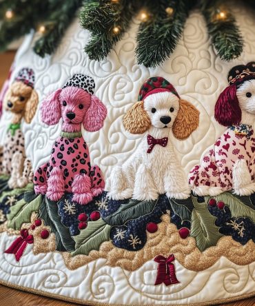 Pink Poodles With Holly Sprigs Christmas Tree Skirt — Charming Custom Holiday Tree Skirt, Made-To-Order For Festive Pet Lovers