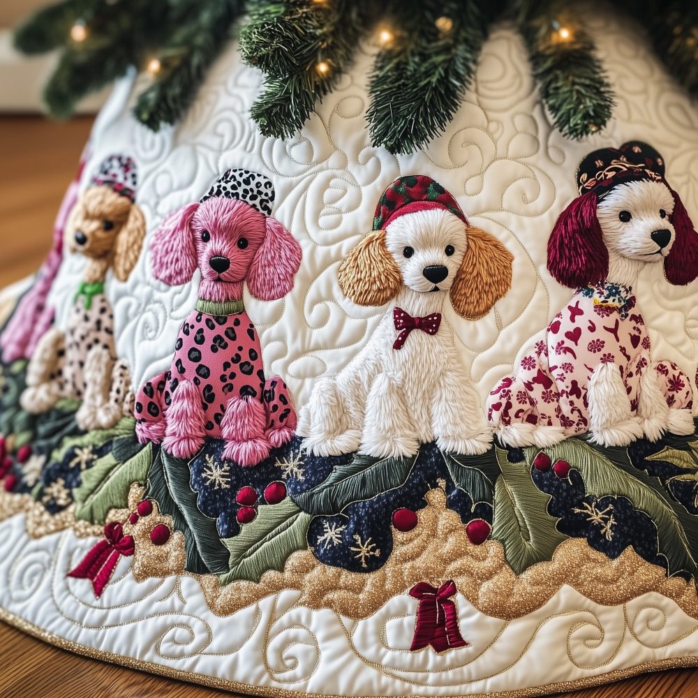 Pink Poodles With Holly Sprigs Christmas Tree Skirt — Charming Custom Holiday Tree Skirt, Made-To-Order For Festive Pet Lovers