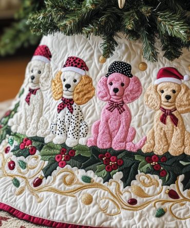 Pink & Red Hat Poodles Christmas Tree Skirt — Festive Custom Dog Print Tree Skirt, Handcrafted And Made-To-Order For Holiday Decor