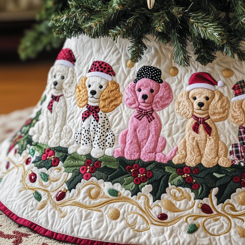 Pink & Red Hat Poodles Christmas Tree Skirt — Festive Custom Dog Print Tree Skirt, Handcrafted And Made-To-Order For Holiday Decor