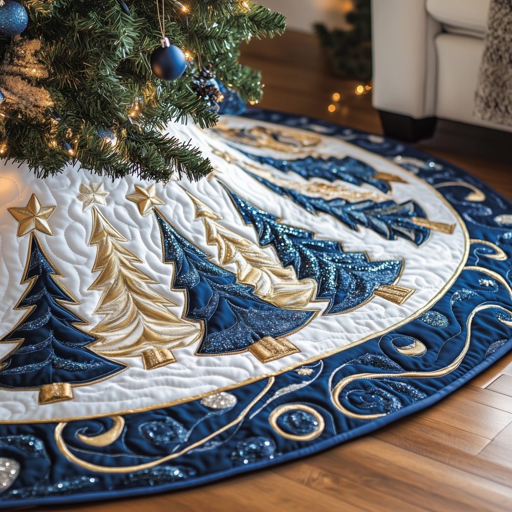 Navy & Gold Sweep Holiday Tree Skirt - Luxury Nautical-Inspired Christmas Skirt, Handcrafted With Metallic Accents & Custom Fit