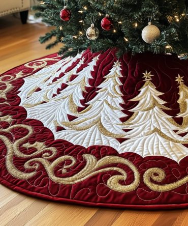 Elegant Wine Scroll Snow Pine Christmas Tree Skirt - Handcrafted Burgundy Holiday Tree Skirt, Custom Fit & Premium Finish