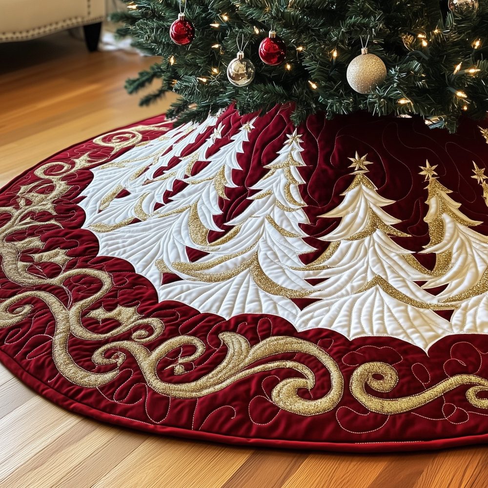 Elegant Wine Scroll Snow Pine Christmas Tree Skirt - Handcrafted Burgundy Holiday Tree Skirt, Custom Fit & Premium Finish