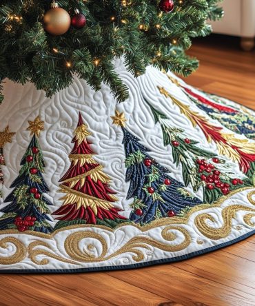 Handcrafted Gold Feather Swirl Holiday Tree Skirt - Luxury Metallic Accent Christmas Tree Skirt, Custom Sizes & Fast Shipping