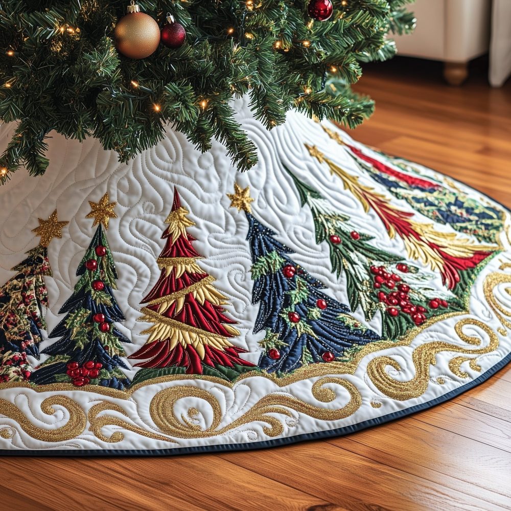 Handcrafted Gold Feather Swirl Holiday Tree Skirt - Luxury Metallic Accent Christmas Tree Skirt, Custom Sizes & Fast Shipping