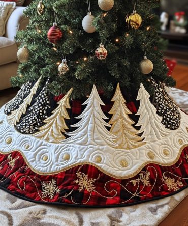 Red & White Alpine Trees Christmas Tree Skirt — Custom-Made Festive Mountain Forest Base For Classic Holiday Styling