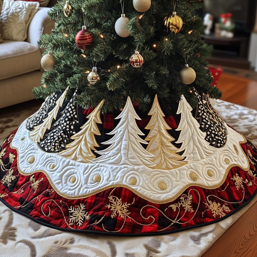 Red & White Alpine Trees Christmas Tree Skirt — Custom-Made Festive Mountain Forest Base For Classic Holiday Styling