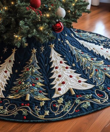 Deep Navy Frost Trees Christmas Tree Skirt — Custom-Made Winter Forest Base With Frosted Pines For Holiday Elegance