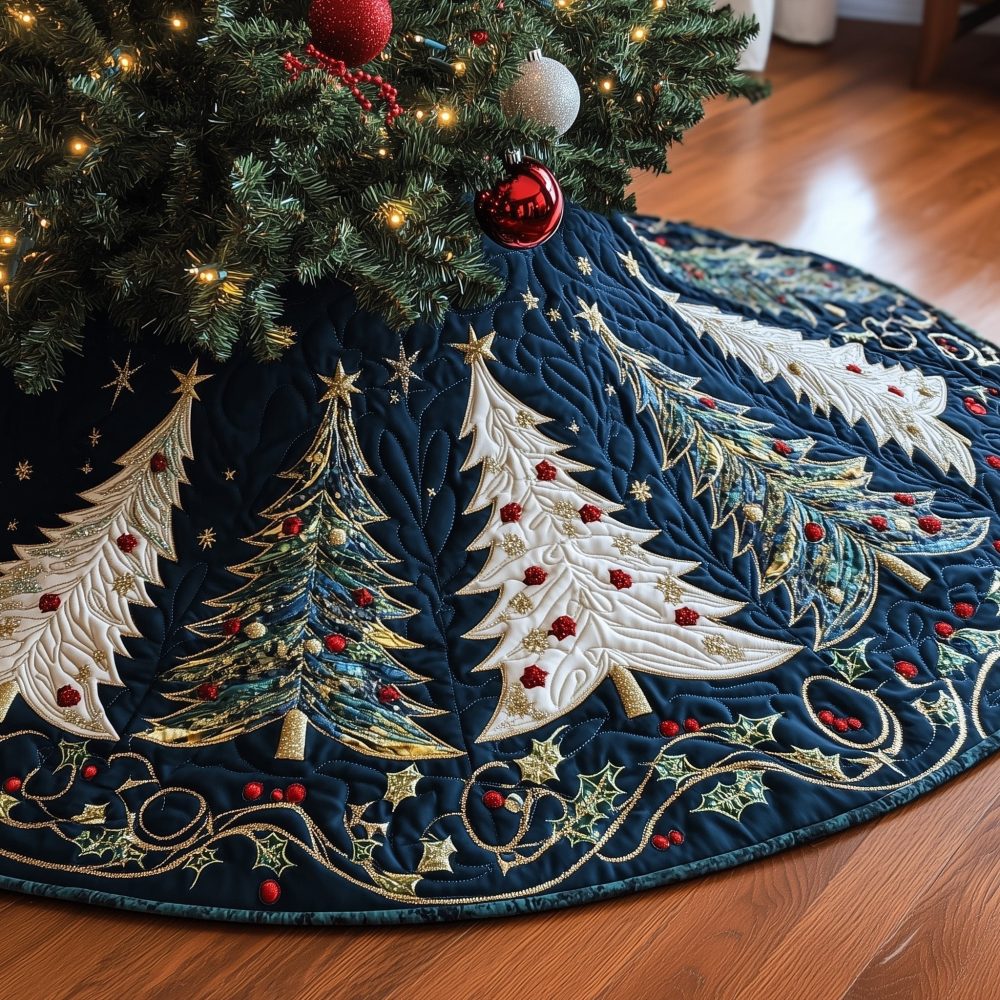 Deep Navy Frost Trees Christmas Tree Skirt — Custom-Made Winter Forest Base With Frosted Pines For Holiday Elegance