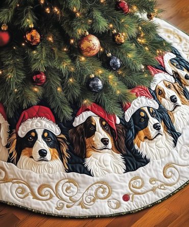 Aussie Shepherds In Santa Hats Tree Skirt - Personalized Australian Shepherd Christmas Skirt, Handmade Pet Lover Holiday Decor