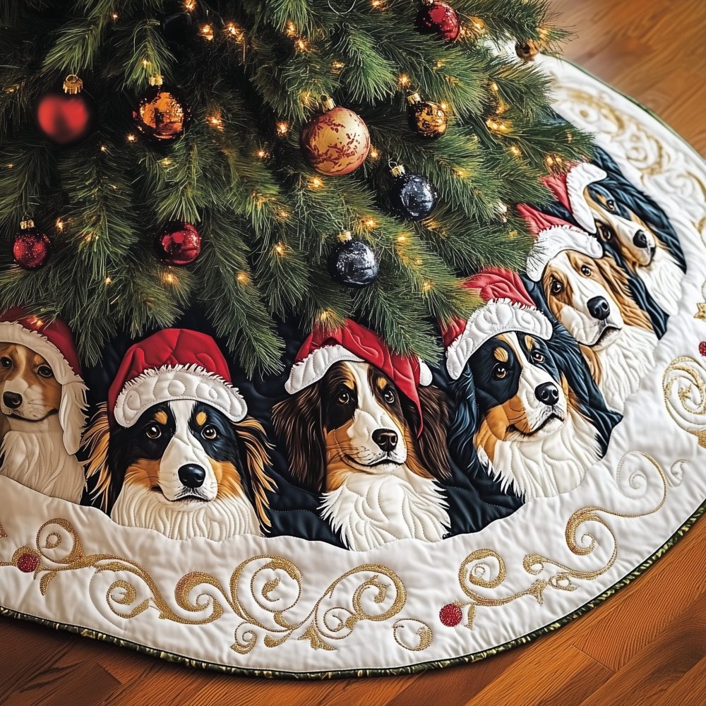 Aussie Shepherds In Santa Hats Tree Skirt - Personalized Australian Shepherd Christmas Skirt, Handmade Pet Lover Holiday Decor