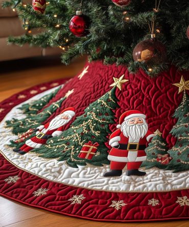 Festive Red Christmas Tree Skirt With Santa Holding A Tree - Handmade Holiday Skirt, Custom Made-To-Order Seasonal Centerpiece