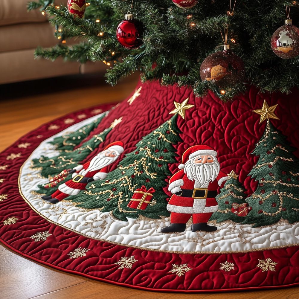 Festive Red Christmas Tree Skirt With Santa Holding A Tree - Handmade Holiday Skirt, Custom Made-To-Order Seasonal Centerpiece