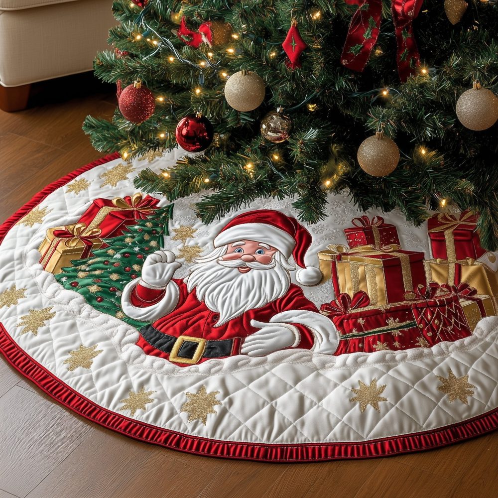 Cream Christmas Tree Skirt With Santa Carrying Gifts - Handmade, Custom Made-To-Order Holiday Skirt For Festive Home Décor