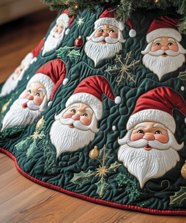 Green Quilted Christmas Tree Skirt With Cheerful Santa Faces - Custom Handmade Holiday Skirt, Made-To-Order Seasonal Décor