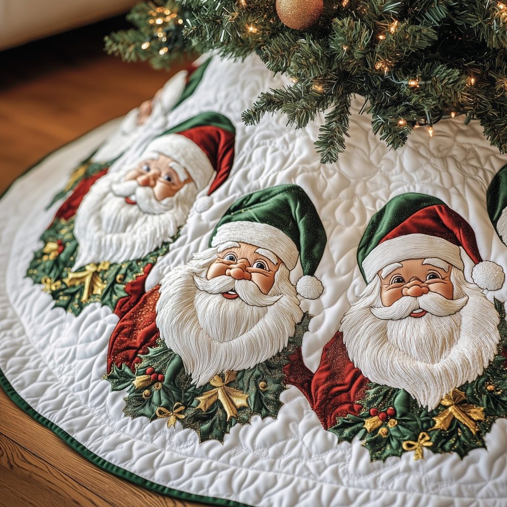 Cream And Red Santa Face Christmas Tree Skirt - Premium Handmade Holiday Skirt, Custom Made-To-Order Festive Accent