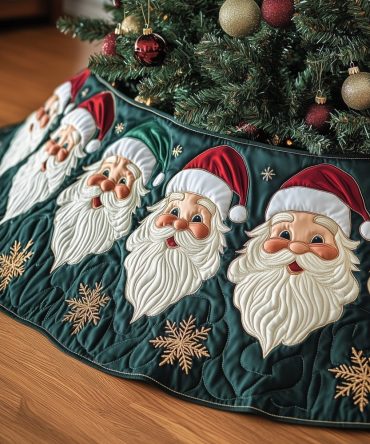 Santa Face Christmas Tree Skirt With Gold Snowflakes On Cream - Handcrafted Luxury Holiday Skirt, Made-To-Order
