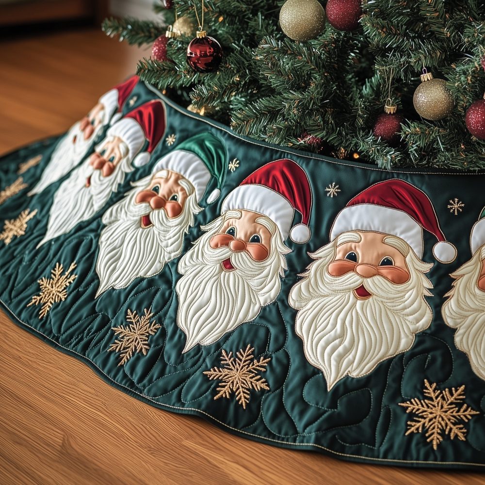 Santa Face Christmas Tree Skirt With Gold Snowflakes On Cream - Handcrafted Luxury Holiday Skirt, Made-To-Order