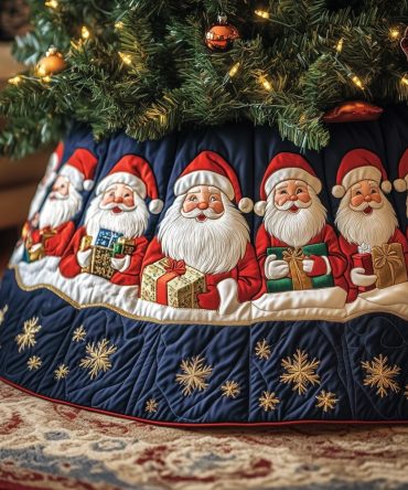 Navy Star Christmas Tree Skirt Featuring Santa With Gifts - Custom Handmade Holiday Skirt, Made-To-Order Festive Floor Décor