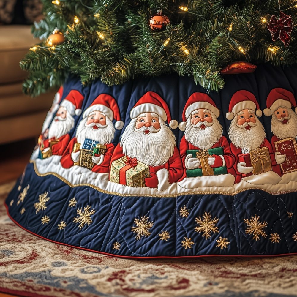 Navy Star Christmas Tree Skirt Featuring Santa With Gifts - Custom Handmade Holiday Skirt, Made-To-Order Festive Floor Décor