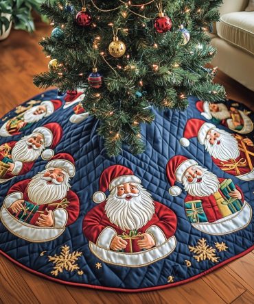 Cheerful Santa Pattern Blue Snowflake Christmas Tree Skirt - Handcrafted Holiday Skirt, Made-To-Order Festive Décor