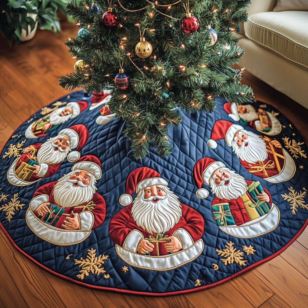 Cheerful Santa Pattern Blue Snowflake Christmas Tree Skirt - Handcrafted Holiday Skirt, Made-To-Order Festive Décor
