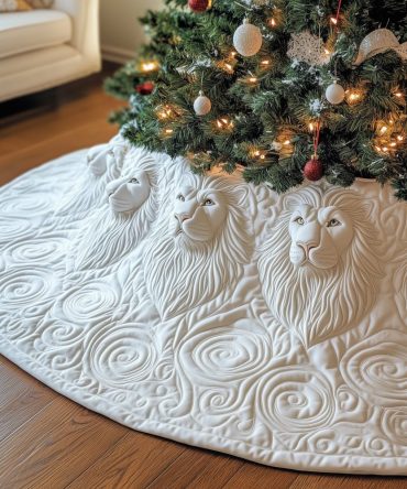 Ivory Quilted Christmas Tree Skirt With White Lion Motifs And Swirl Stitching - Custom Handmade, Made-To-Order Holiday Accent