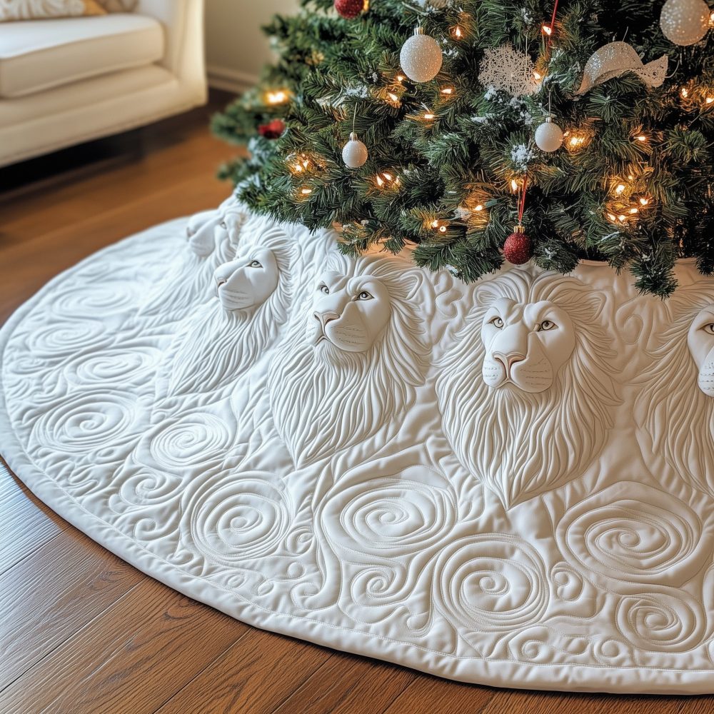 Ivory Quilted Christmas Tree Skirt With White Lion Motifs And Swirl Stitching - Custom Handmade, Made-To-Order Holiday Accent