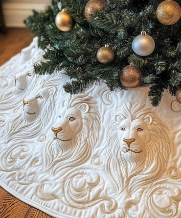 Soft Pale Lion Resting Design Christmas Tree Skirt In White - Custom-Made Holiday Skirt, Quilted Handmade Seasonal Décor