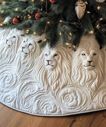 Luxurious Cream And White Lion Face Christmas Tree Skirt - Handmade, Made-To-Order Holiday Tree Skirt