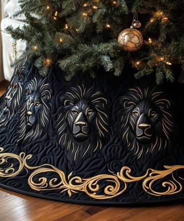 Black Lion Motif Christmas Tree Skirt With Gold Scrollwork - Premium Handmade Holiday Skirt, Custom Made-To-Order